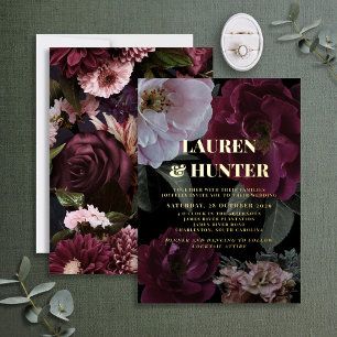 Invitación Con Relieve Metalizado Moderno Moody Burgundy Floral Boda Gold