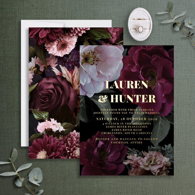 Invitación Con Relieve Metalizado Moderno Moody Burgundy Floral Boda Gold (Subido por el creador)