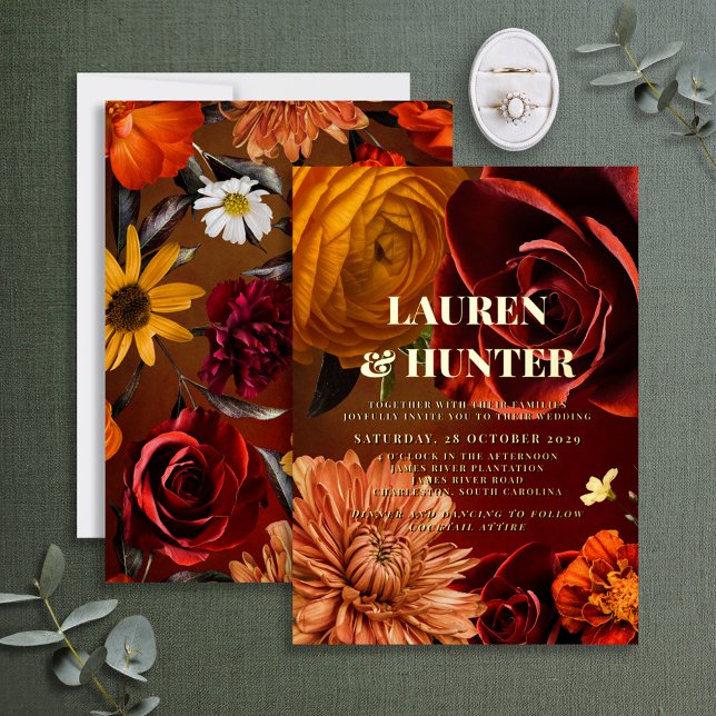 Invitación Con Relieve Metalizado Moderno Moody Moody Sunset Floral Boda Gold (Subido por el creador)