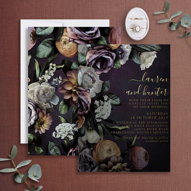 Invitación Con Relieve Metalizado Moderno Moody Morple Floral Boda Gold (Subido por el creador)