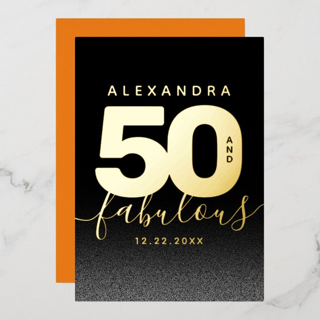 Invitación Con Relieve Metalizado Moderno Naranja Girly 50 y fabuloso (Anverso/Reverso)