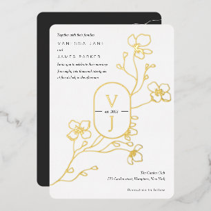 Invitación Con Relieve Metalizado Moderno negro, blanco y dorado, floral boda dorada