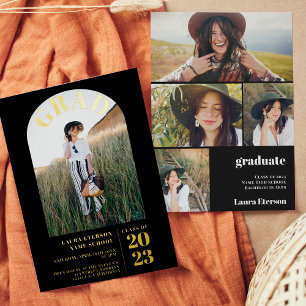Invitación Con Relieve Metalizado Moderno negro elegante graduación de 5 fotos