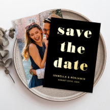 Moderno negro foto save the date oro