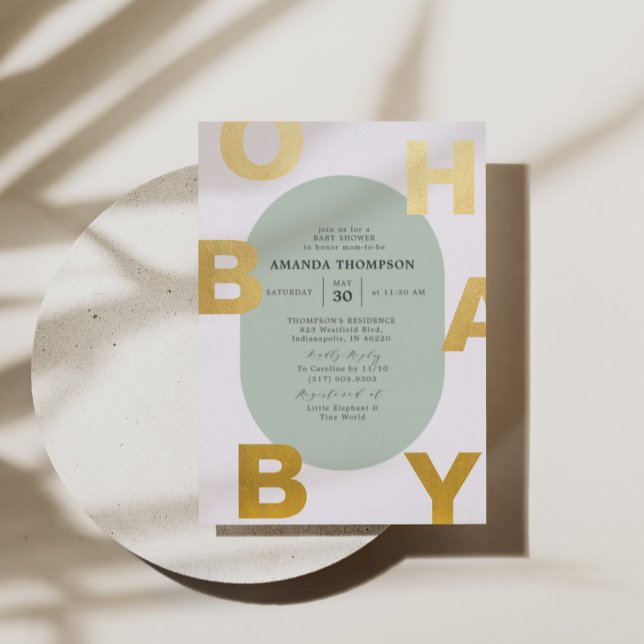 Invitación Con Relieve Metalizado Moderno Oh Baby Green Neutral Baby Shower Gold (Subido por el creador)