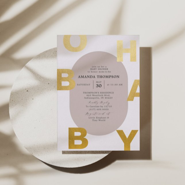 Invitación Con Relieve Metalizado Moderno Oh Baby Taupe Neutral Baby Shower Gold (Subido por el creador)