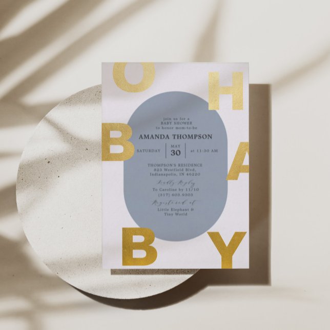 Invitación Con Relieve Metalizado Moderno Oh niño azul Baby Shower Gold (Subido por el creador)