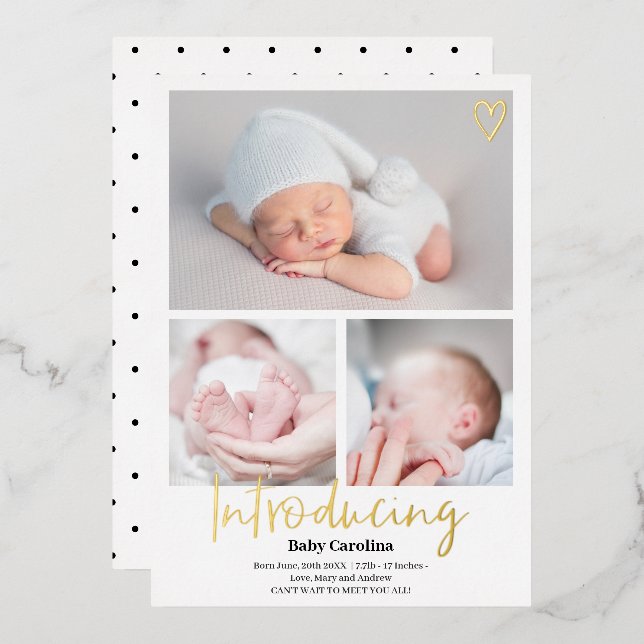 Invitación Con Relieve Metalizado Moderno presentando fotos en blanco negro 3 de nac (Anverso/Reverso)