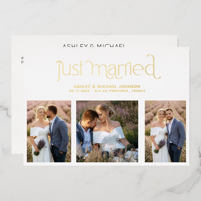 Invitación Con Relieve Metalizado Moderno recién casado 4 recepción de fotos solamen (Anverso/Reverso)