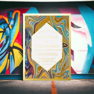 Invitación Con Relieve Metalizado Moderno Resumen Art Líquido Boda de pintura Oro
