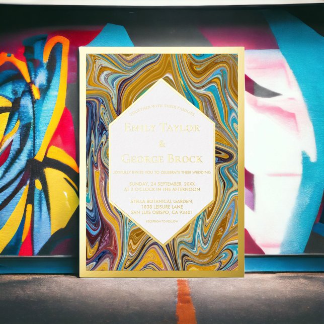 Invitación Con Relieve Metalizado Moderno Resumen Art Líquido Boda de pintura Oro (Subido por el creador)