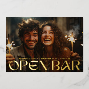 Invitación Con Relieve Metalizado Moderno Retro Bar Abierto Foto Guardar Fecha Oro