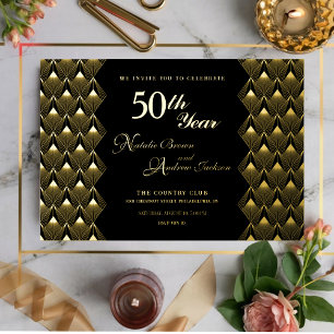 Invitación Con Relieve Metalizado Moderno Retro negro y dorado 50 Aniversario