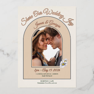 Invitación Con Relieve Metalizado Moderno Romántico Floral Daisy Foto Boda 