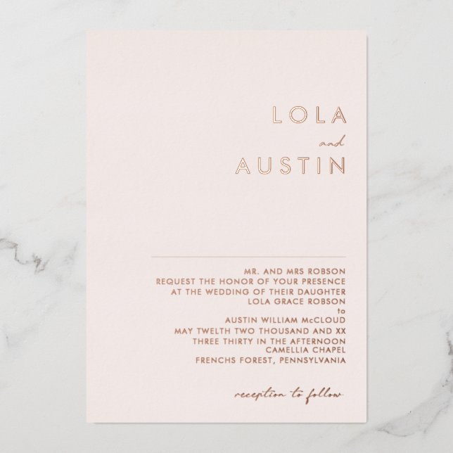 Invitación Con Relieve Metalizado Moderno | Rosa Gold Rubor Tradicional Boda Real (Anverso)