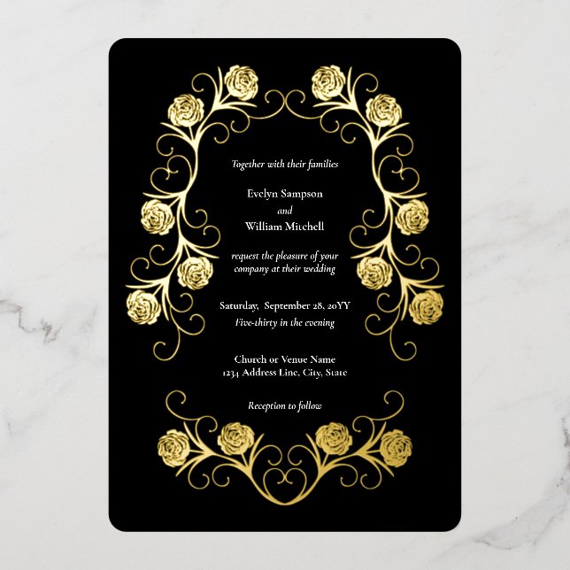 Invitación Con Relieve Metalizado Moderno Rosa gótico Swirls Boda negro y blanco (Anverso)