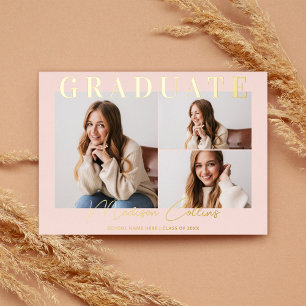Invitación Con Relieve Metalizado Moderno Rubor Pink 3 Photo Graduation Gold
