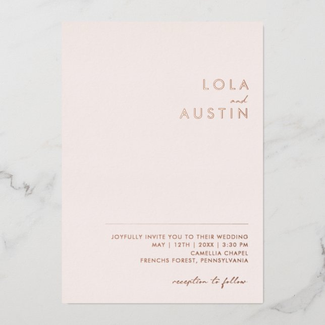 Invitación Con Relieve Metalizado Moderno | Rubor Y Rosa Gold Casual Boda Real (Anverso)