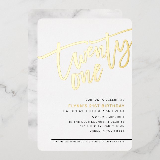 Invitación Con Relieve Metalizado MODERNO SCRIPT 21 cumpleaños fiesta oro elegante (Anverso/Reverso)