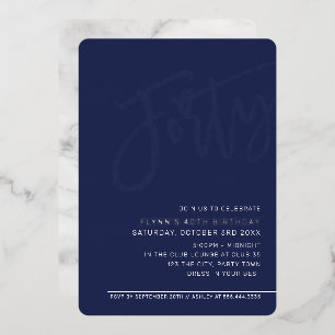 Invitación Con Relieve Metalizado MODERNO SCRIPT 40 cumpleaños fiesta azul marino