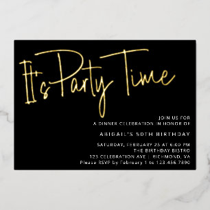 Invitación Con Relieve Metalizado Moderno Script Black Gold Birday Party Time