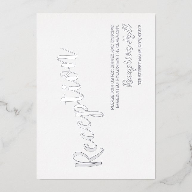 Invitación Con Relieve Metalizado Moderno Script Wedding Reception Silver (Anverso)