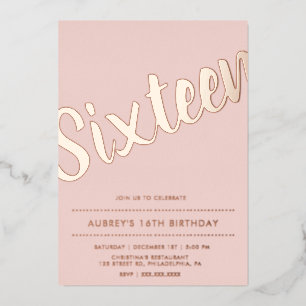 Invitación Con Relieve Metalizado Moderno Sweet Sixteen Rosa Polvo Oro Rosa