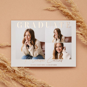 Invitación Con Relieve Metalizado Moderno Taupe 3 Rosa de graduación fotográfica Gol