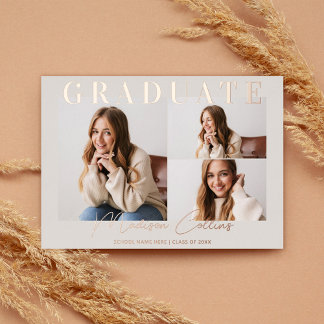 Invitación Con Relieve Metalizado Moderno Taupe 3 Rosa de graduación fotográfica Gol