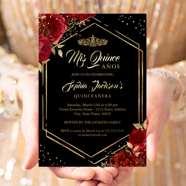 Invitación Con Relieve Metalizado Moderno Tiara Floral Oro Rojo Quinceanera Relieve  (Subido por el creador)