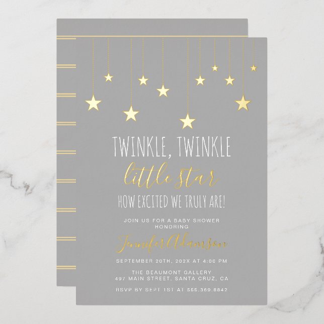 Invitación Con Relieve Metalizado Moderno Twinkle Little Star Baby Shower (Anverso/Reverso)