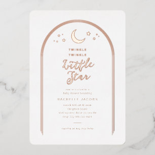 Invitación Con Relieve Metalizado Moderno Twinkle Little Star Baby Shower Rosa Gold