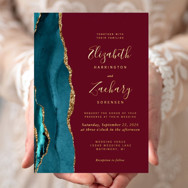 Invitación Con Relieve Metalizado Moderno Verde azulado Blue Gold Agate Borgoña Boda (Subido por el creador)