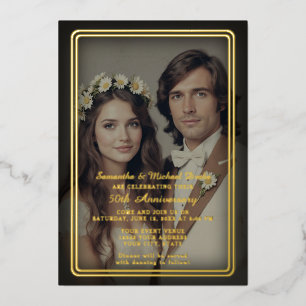 Invitación Con Relieve Metalizado Moderno Vintage Black y Gold 50 Aniversario