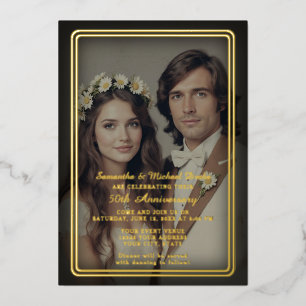 Invitación Con Relieve Metalizado Moderno Vintage Negro y Dorado 50 Aniversario