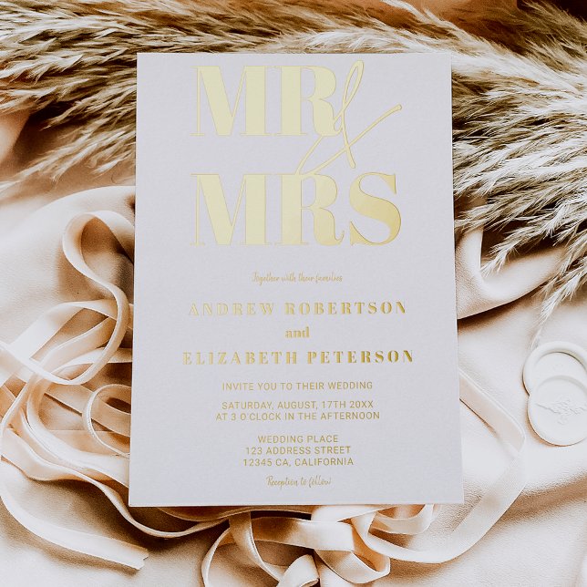 Invitación Con Relieve Metalizado Moderno y audaz Sr. Mrs. script boda de fotografía (Subido por el creador)