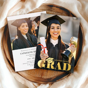 Invitación Con Relieve Metalizado Moderno y elegante 2 Photo Graduation Party