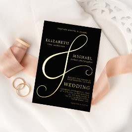 Invitación Con Relieve Metalizado Moderno y elegante Boda de Black Gold Ampersand