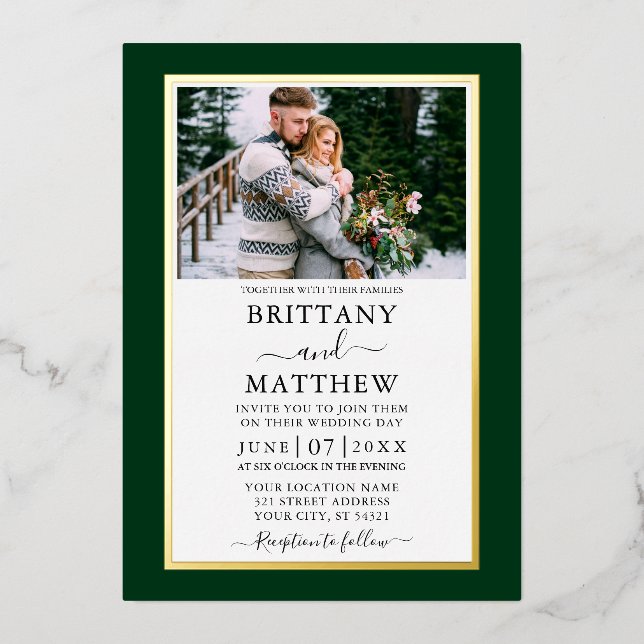 Invitación Con Relieve Metalizado Moderno y elegante Boda de fotografía verde oro (Anverso)