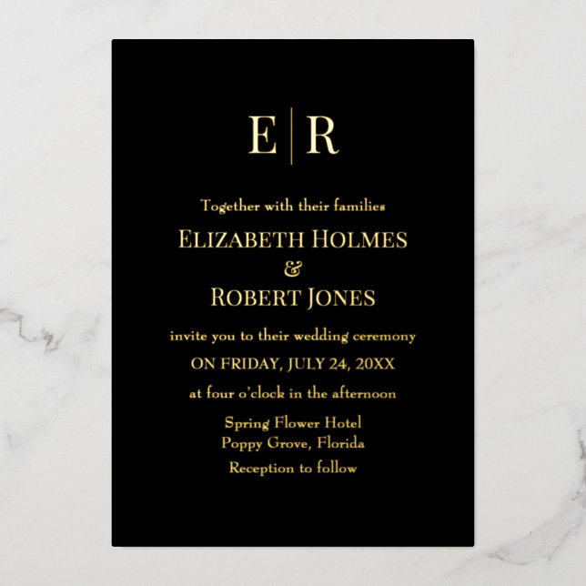Invitación Con Relieve Metalizado Moderno y elegante Boda de Monograma Negro y Oro (Anverso)