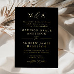 Invitación Con Relieve Metalizado Moderno y elegante Boda de Monograma Negro y Oro<br><div class="desc">Celebre su día de bodas con esta minimalista invitación moderna que incluye sus iniciales de monograma y detalles bodas en elegantes letras de Relieve metalizado dorado. Delicados acentos de escritura caligráfica añaden un toque romántico y sofisticado al diseño. El fondo negro elegante es totalmente personalizable: elige cualquier color para que...</div>
