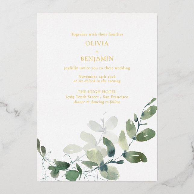 Invitación Con Relieve Metalizado Moderno y elegante Boda del Eucalipto Verde Botáni (Anverso)
