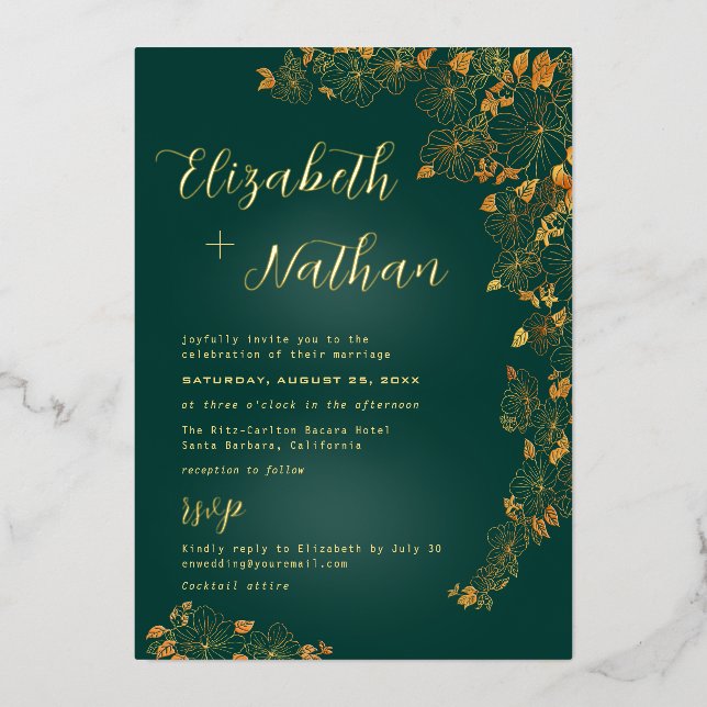 Invitación Con Relieve Metalizado Moderno y elegante Boda floral verde esmeralda oro (Anverso)