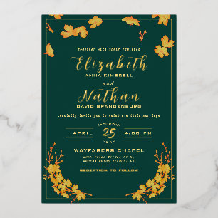 Invitación Con Relieve Metalizado Moderno y elegante Boda floral verde esmeralda y d