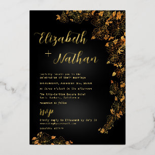 Invitación Con Relieve Metalizado Moderno y elegante floral negro y Boda de oro