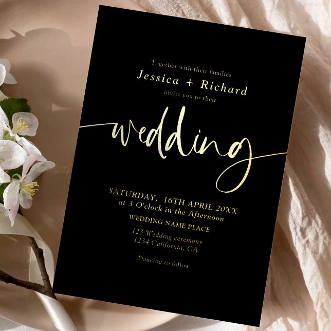 Invitación Con Relieve Metalizado Moderno y elegante guión simple boda de oro (Modern elegant simple gold wedding script foil invitation)