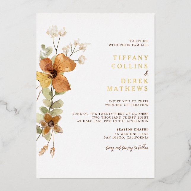 Invitación Con Relieve Metalizado Moderno y elegante Otoño De La Boda De Oro De Otoñ (Anverso)