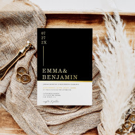 Invitación Con Relieve Metalizado Moderno y minimalista negro | Boda blanca dorada
