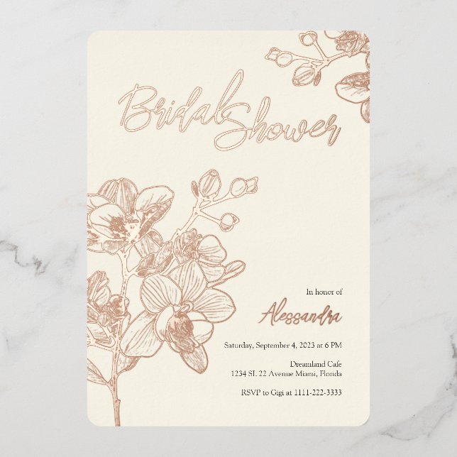 Invitación Con Relieve Metalizado Momentos dorados de Orquídea | BODA | Ducha de nov (Anverso)