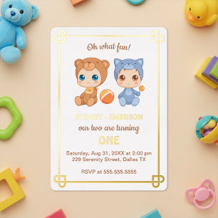 Invitación Con Relieve Metalizado Mono de gemelos bebé cumpleaños gato oso